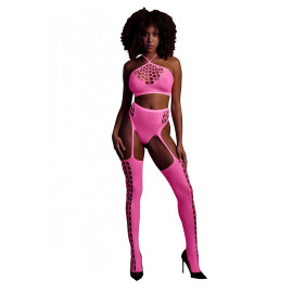 Ouch! Glow in the Dark Two Piece with Grecian Halter Neck Crop Top and Garter Belt Neon Pink